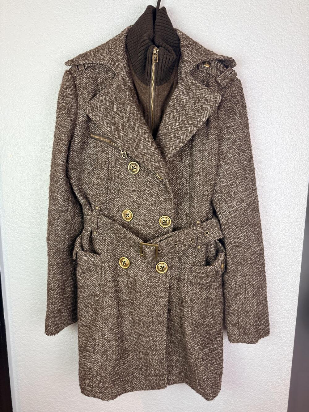Miss Sixty Coat Womens Medium Brown Herringbone Wool Belted Pea Coat Pockets